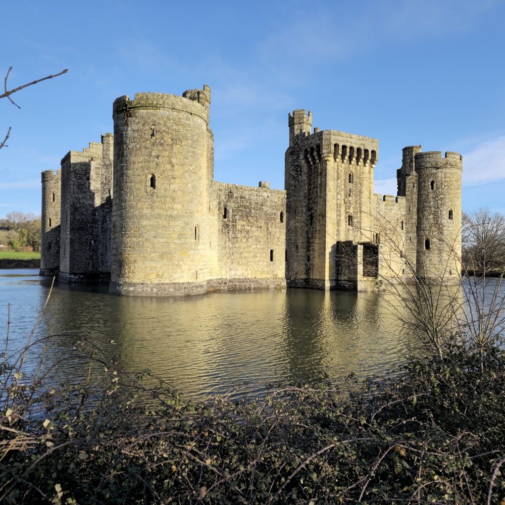 Bodiam Castle, East Sussex - licensed in October 1385 to fortify a manor house, and built instead as a new castle on a different site.