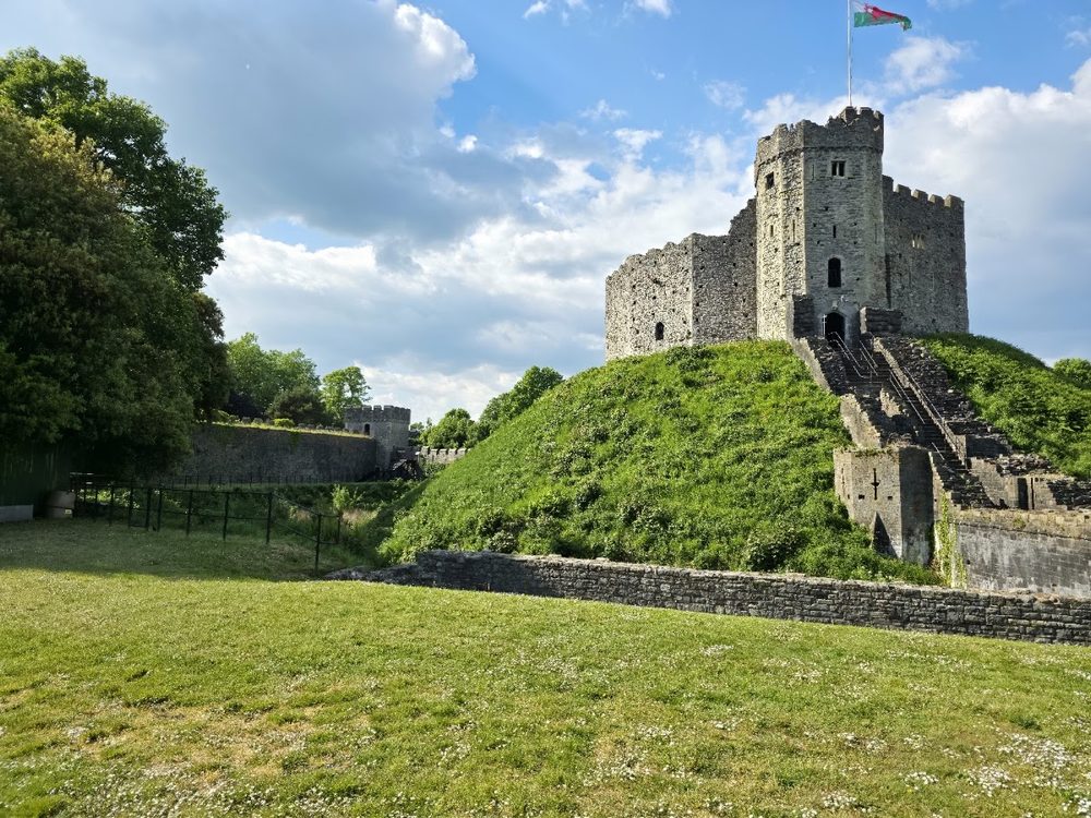 Cardiff Castle's twelve-sided shell keep, the finest in Wales, still crowning its Norman motte.